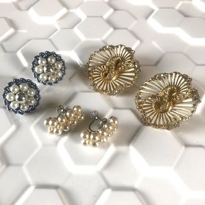 Vintage 1950’s rhinestone faux pearl cocktail costume clip on earrings set of 3